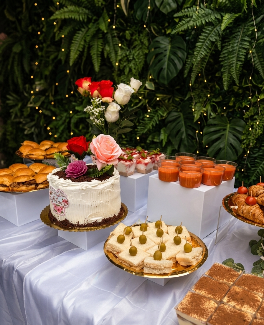 Mesa de dulces y salados con tarta
