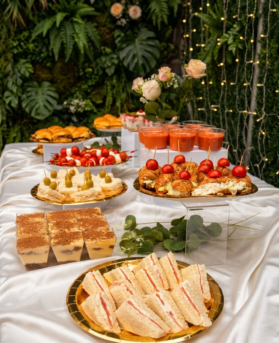 Mesa de finger food en jardín