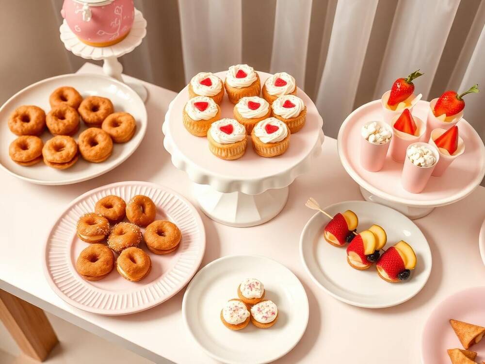Mesa dulce infantil con donuts y frutas