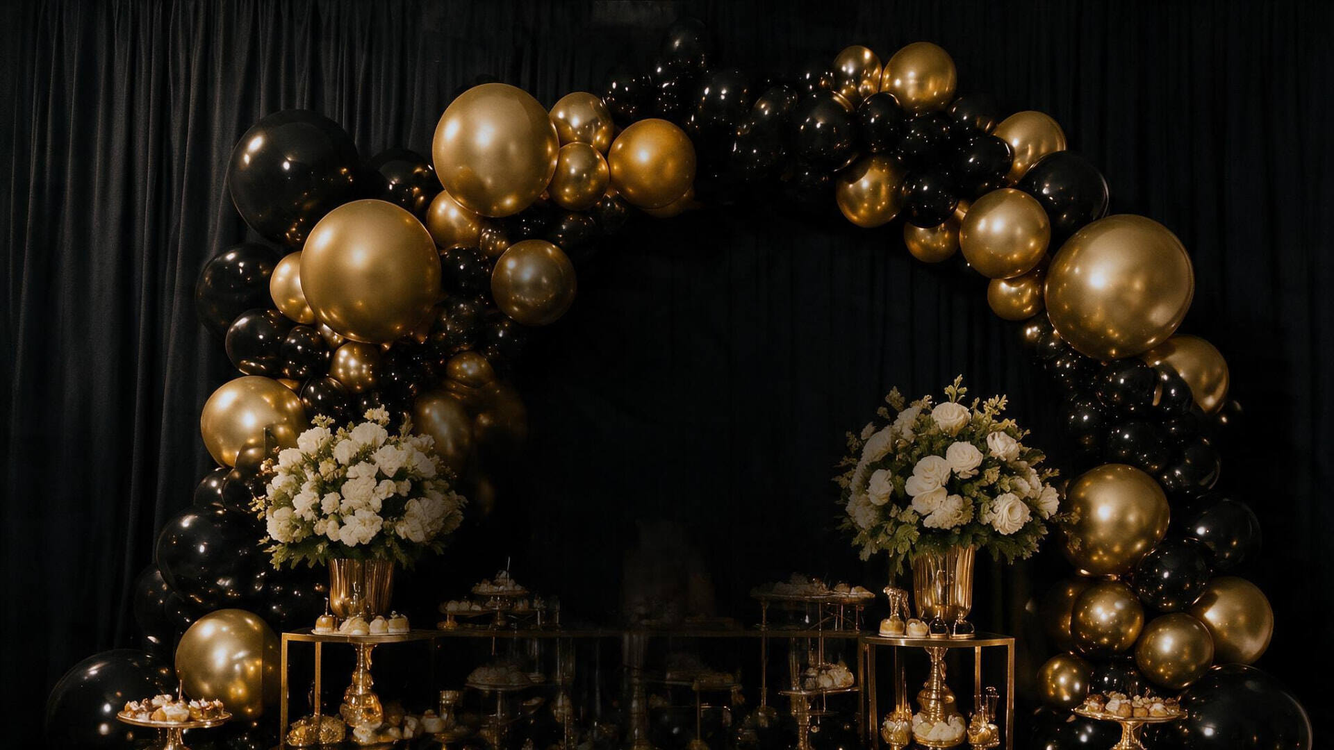 Mesa dulce elegante con decoración de globos y flores